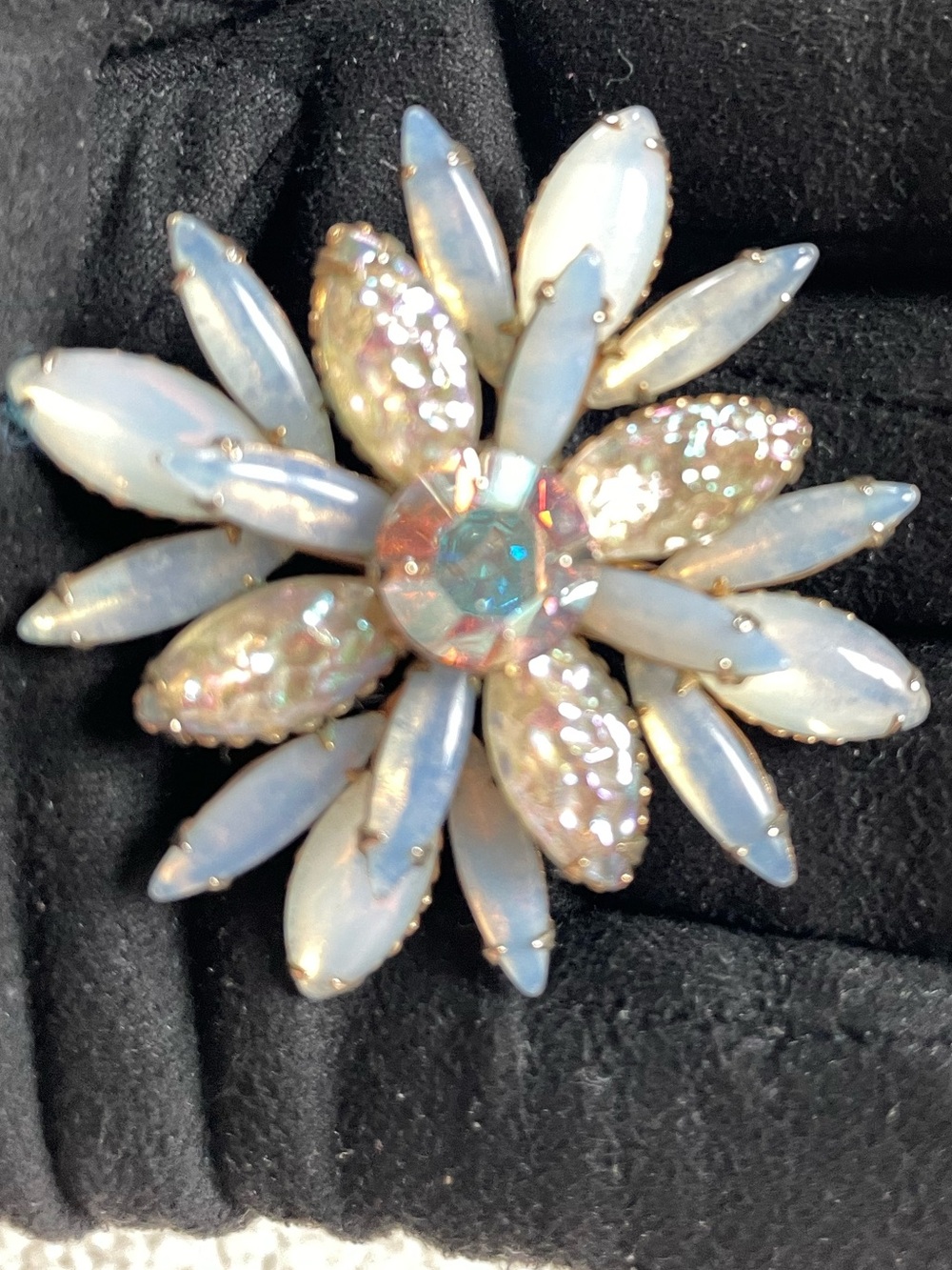 Vintage Opal-Effect White Crystal Flower Brooch